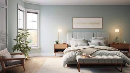 A serene bedroom featuring muted blue-gray walls, earthy textiles, and a tufted upholstered headboard, creating a calming sanctuary.