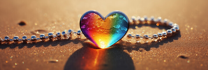 Naklejka premium Rainbow glass heart on sandy light background, glass beads. Red, orange, burgundy, blue, yellow and green heart-decorations. Spa salon concept, woman day, Valentine design, home decoration