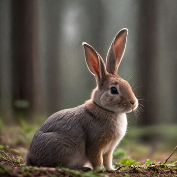 Close-up photo of a rabbit, forest, haze, halo, bloom, dramatic atmosphere