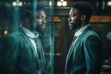 Man wearing suit and tie looking in the mirror reflections - obrazy, fototapety, plakaty