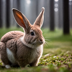 Fototapeta premium Close-up photo of a rabbit, forest, haze, halo, bloom, dramatic atmosphere