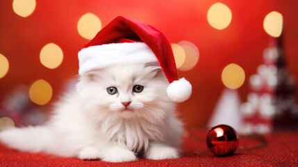 Adorable fluffy kitty Santa hat sitting Christmas present box lights photo new year poster cat
