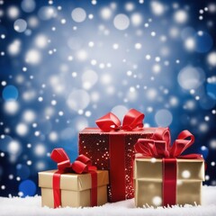 Christmas Gifts box on a snowy background, A bokeh background effect.