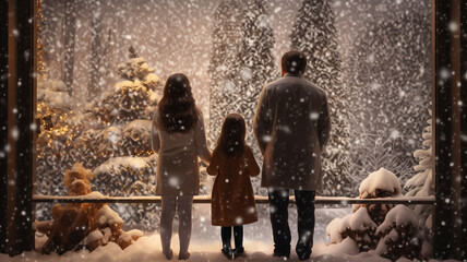 Back of family outdoors in nature forest in the snow during snowing freezing cold winter