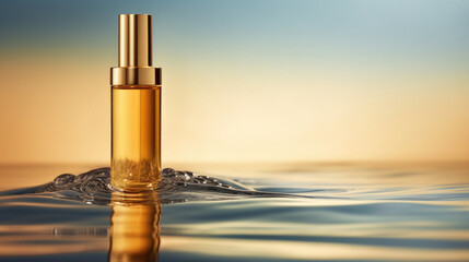 A minimalistic skincare bottle rests in radiant golden waters, exuding simplicity and elegance.