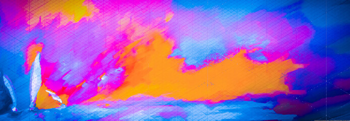 Fototapeta na wymiar Vibrant, Colorful & Bright Trio of Sailboats at Sunrise or Sunset Art, digital painting, artwork, design, illustration