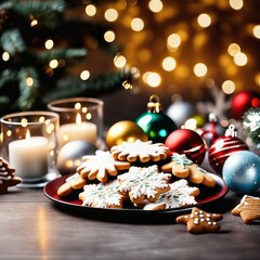 Obraz na płótnie Canvas Christmas table decoration with Christmas cookies, Christmas balls and fairy lights.