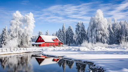 Winter dawn, cabin in snow-covered scenery.