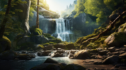 Majestic forest waterfall, nature's serenity scene with tranquil pool below, lush greenery and...