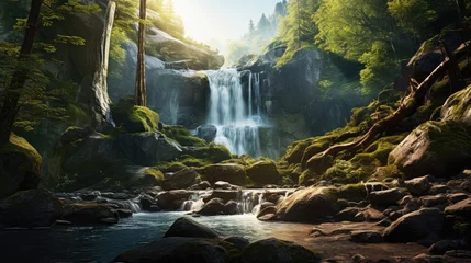 Foto auf Acrylglas Majestic forest waterfall, nature's serenity scene with tranquil pool below, lush greenery and moss-covered stones, sense of peacefulness and untouched beauty of nature in forest ecosystem © GT77