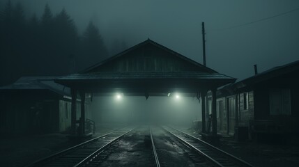 A film-still of a train station platform in a coastal town in the wilderness of Alaska at midnight