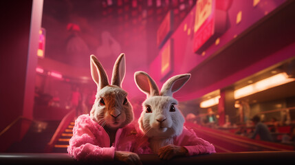 Two rabbits dressed in pink clothes. Funny theater concept.