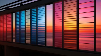 A series of louvered windows capturing the changing hues of sunset.