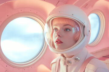 A woman astronaut in a pink suit.
