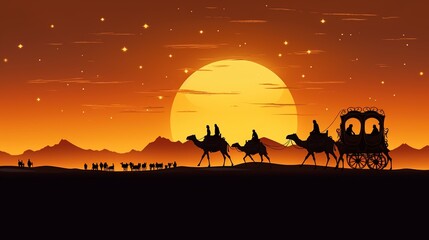 little caravan riding by desert. Silhouette of tourists on camel ride convoy. Autumn scenery of Crescent Moon Lake
