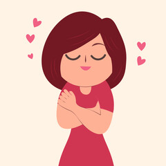A cute young woman hugging herself . Love yourself. Taking care of yourself, accepting yourself. Vector illustration.