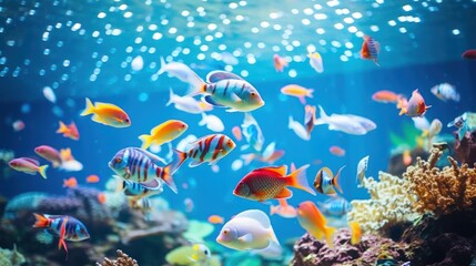 Fototapeta na wymiar A beautiful display of colorful fish swimming in a well-lit aquarium.