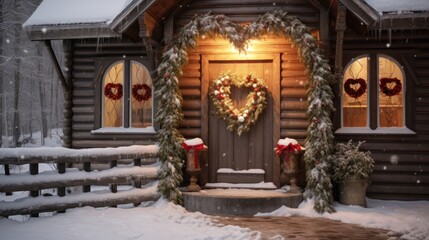 A charming winter cabin adorned with a delightful heart-shaped wreath on its inviting door. - obrazy, fototapety, plakaty