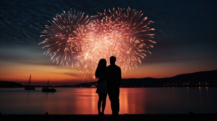 A couple gazing in awe at the mesmerizing fireworks spectacle above.