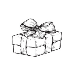Hand drawn sketch gift box with bow and ribbon. Best for birthday, festive events designs. Vector illustration on white.