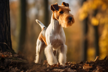 Photography of cute rough haired wire fox terrier dog breed standing in sunny forest nature, hunting dog