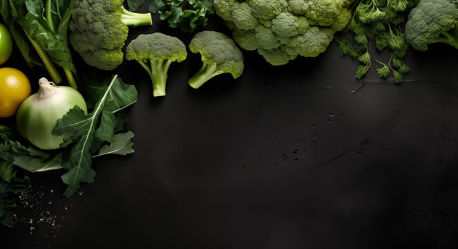 Fresh broccoli and cabbage, dill and peking cabbage, onion, florets on black background.  Vegan diet food concept. Top view with copy space