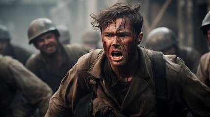 An image depicting a captured soldier being escorted by enemy forces during a wartime scenario. wounded and fatigued. including anxiety and uncertainty on the face of the captive