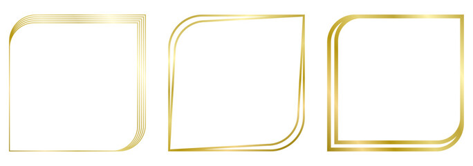 Set of golden metal frames isolated on white. Vector frame for text, photo, certificate, pictures, diploma, card, invitation. Square luxury frames