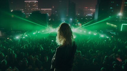 blonde girl with performing on a stage in front of a big crowd, back shot, neon aesthetic - obrazy, fototapety, plakaty