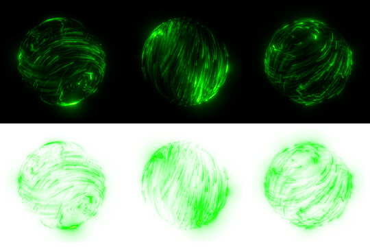 3 Vivid green orbs with swirling particle lines, perfect for lively overlays. Isolated on black and transparent, 3D render