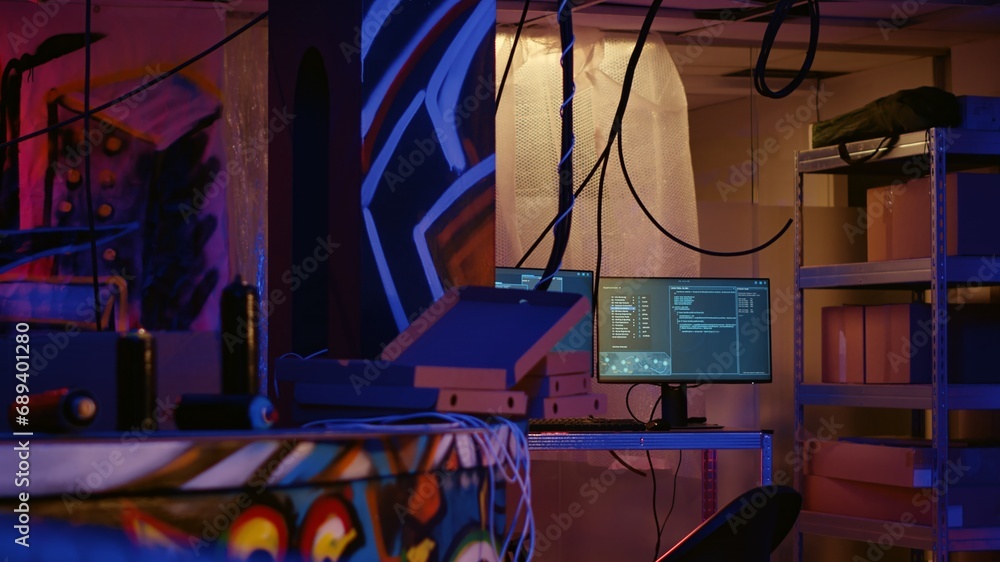 Poster zoom in on advanced technology computers left open running code in empty neon lit basement with graf