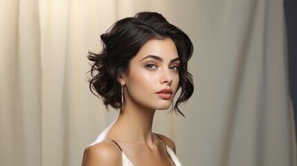 Fototapeta premium Female model, fully shown ear close up, sleek hairstyle, studio photo