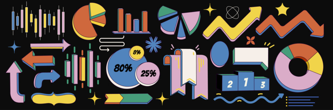 Business data marketset elements. Pie, Line, Candlestick Chart. Charts and graphs. Planning and visualization of statistics. Isolated Design in 2d flat cartoon style for web, social media, print