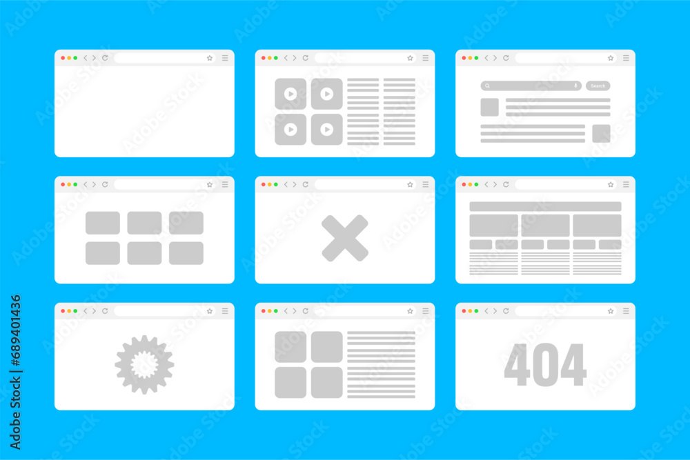 Poster web browser window, pages layout with toolbar and search field. modern website, internet page in fla