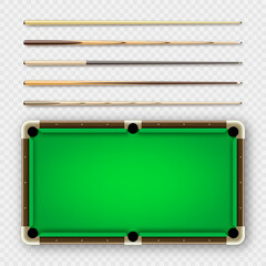 Obraz premium Various wooden billiard cues and green pool table. Snooker sports equipment. Vintage cue. Recreation and hobby, competitive game. Vector illustration
