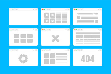 Web browser window, pages layout with toolbar and search field. Modern website, internet page in flat style. Browser mockup for computer, tablet and smartphone. Adaptive UI. Vector illustration