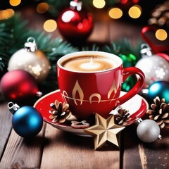 Coffee cup with Christmas ornaments and decoration on table with kitchen blurred background