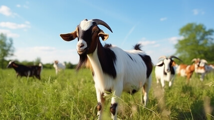 Naklejka na ściany i meble Domestic goats graze in the field in summer. generative ai
