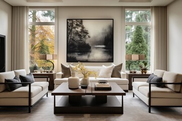 Fototapeta na wymiar A sophisticated living room with minimalist furnishings, striking art pieces, and innovative lighting, offering a serene yet stylish ambiance in a Bellevue home.