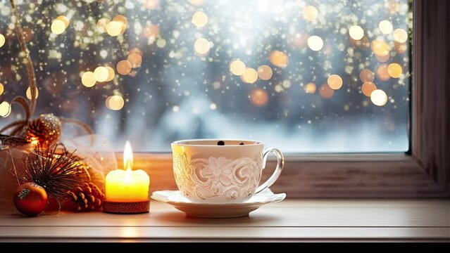 cup with warm drink on windowsill, winter street in background