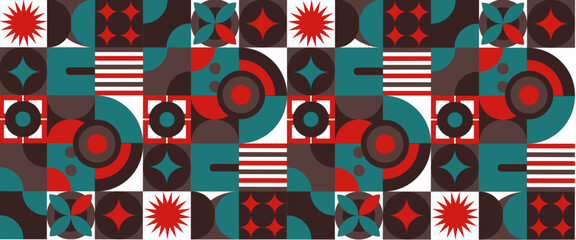 Obraz premium Geometric minimal pattern mosaic. Simple colorful circle shapes, modern bauhaus banner vector design Creative concept for business, technology, science or print design