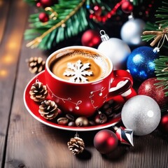 Coffee cup with Christmas ornaments and decoration on table with kitchen blurred background