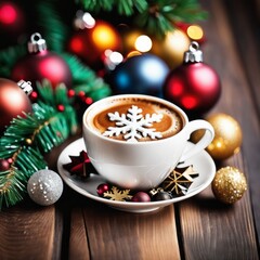 Obraz na płótnie Canvas Coffee cup with Christmas ornaments and decoration on table with kitchen blurred background
