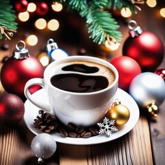 Obraz premium Coffee cup with Christmas ornaments and decoration on table with kitchen blurred background