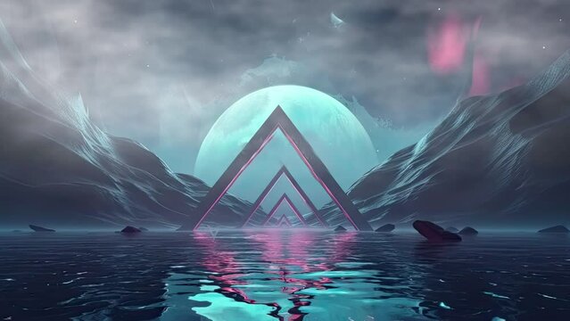 Futuristic fantasy landscape, sci-fi landscape with planet, neon light, cold planet. Galaxy with unknown planet landscape. Dark natural scene with light reflection in water. Neon space galaxy portal.