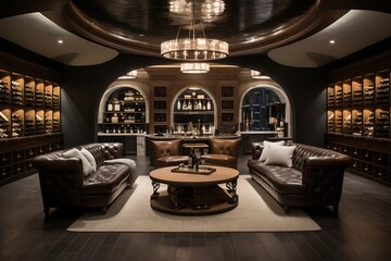 A sophisticated wine tasting room with a cellar, tasting bar, and elegant seating areas.