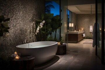 A spa-inspired bathroom boasting a freestanding bathtub, mosaic tiles, and soft ambient lighting, offering a serene retreat within the home.
