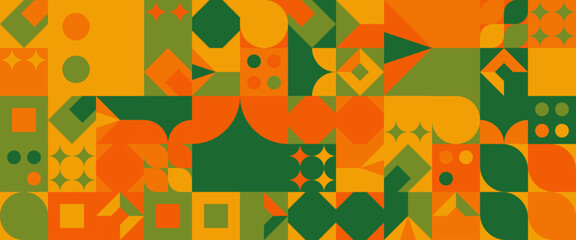 Orange and green geometric mosaic seamless pattern illustration with creative abstract shapes. Minimalist modern graphic design element mosaic style concept for banner, flyer, card, or brochure cover