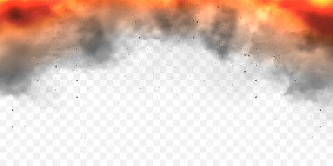 Realistic black smoke clouds and fire. Flame blast, explosion. Stream of smoke from burning objects. Forest fires. Transparent fog effect. Vector design element.