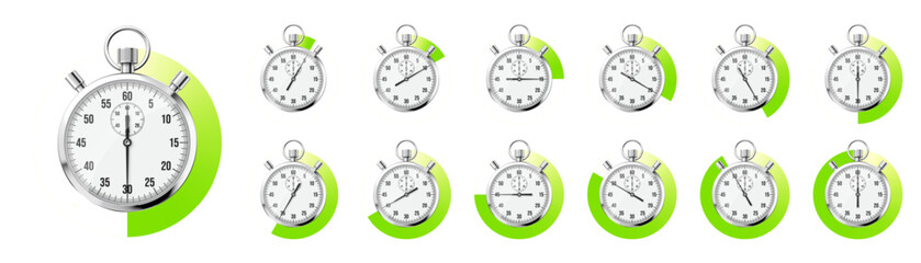 Realistic classic stopwatch. Shiny metal chronometer, time counter with dial. Green countdown timer showing minutes and seconds. Time measurement for sport, start and finish. Vector illustration